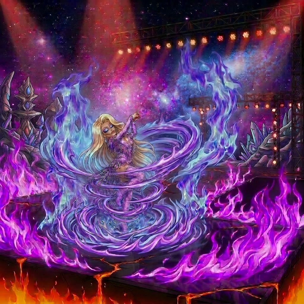 Drag queen performing energetically on stage with purple flames around